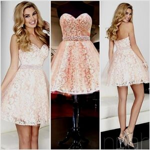 Hannah S Strapless Sweetheart Pink/White Lace Pearl/Rhinestone Waist Mini Dress